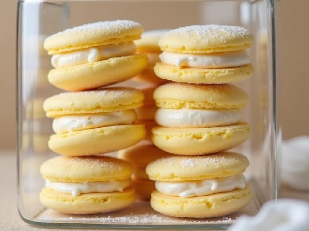 Filled melting moments cookies stored in an airtight container