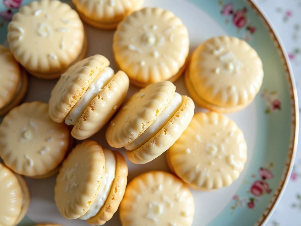 Plate of delicate homemade melting moments cookies with lemon buttercream