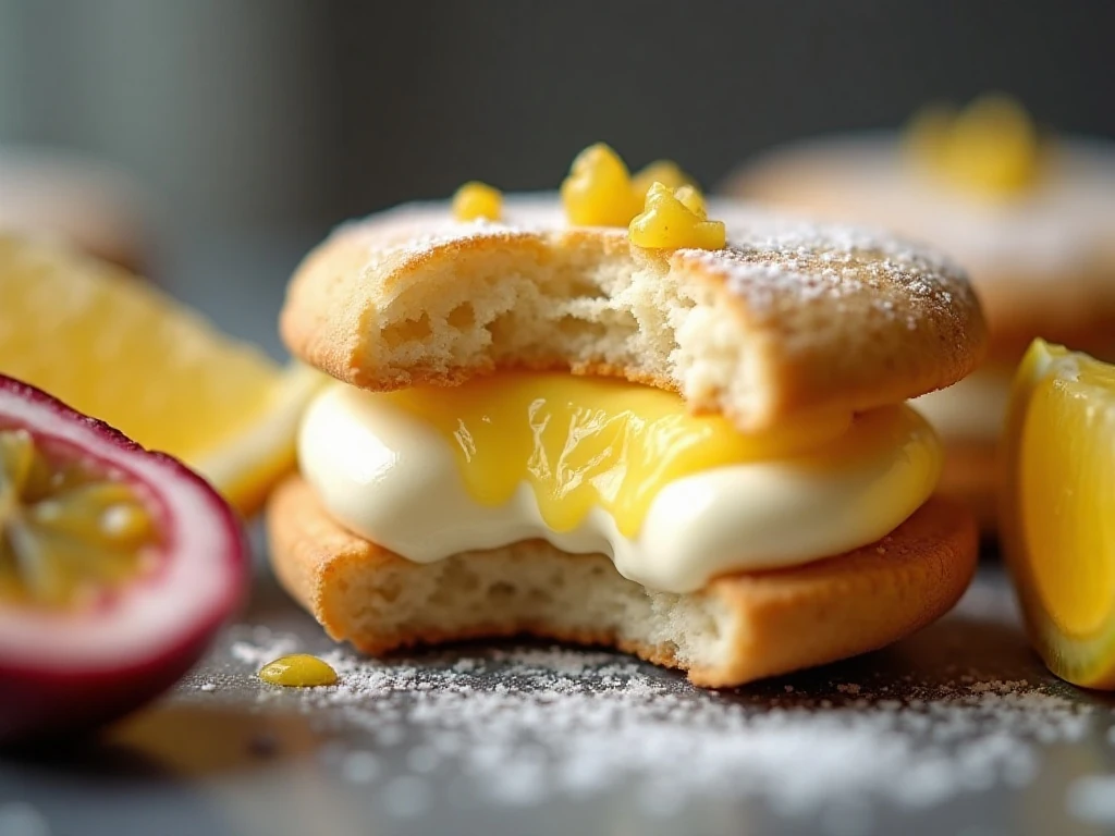 Close-up of lemon and passionfruit filling in melting moments cookies