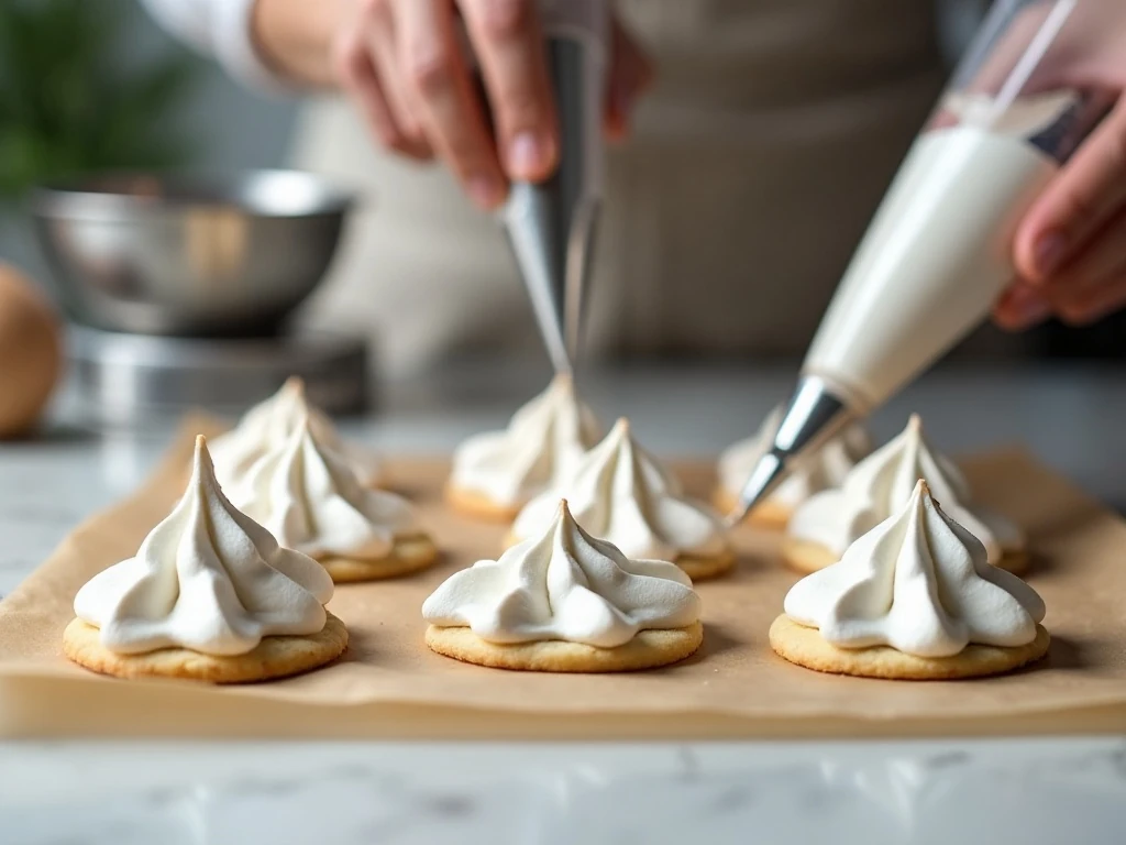 Glossy meringue piped into small cookies on parchment