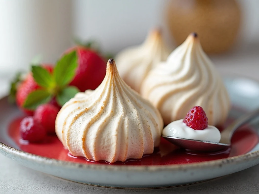 Meringue cookies served with berries and whipped cream