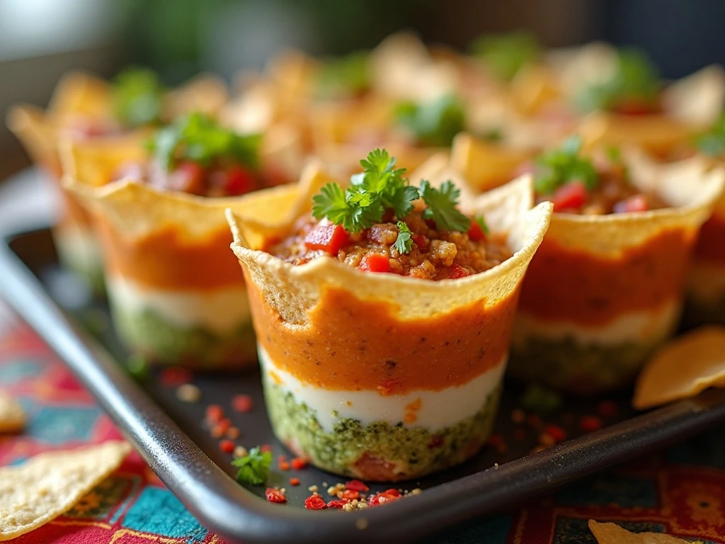 Platter of colorful Mexican seven-layer dip cups for a party