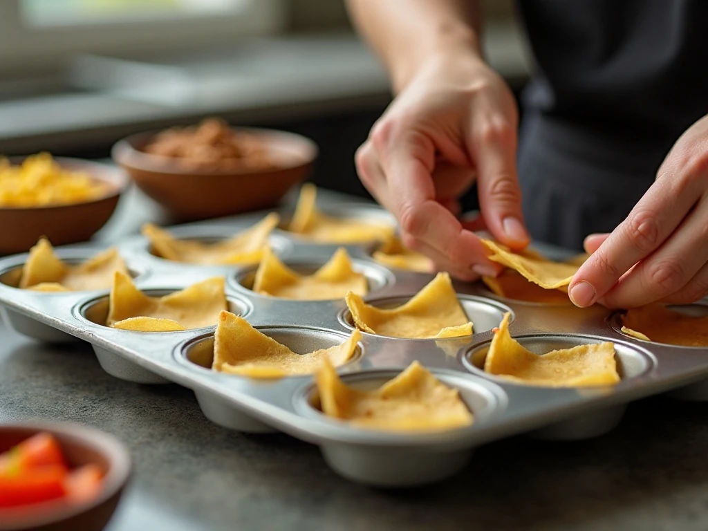 Preparing wonton cups in a mini-muffin pan
