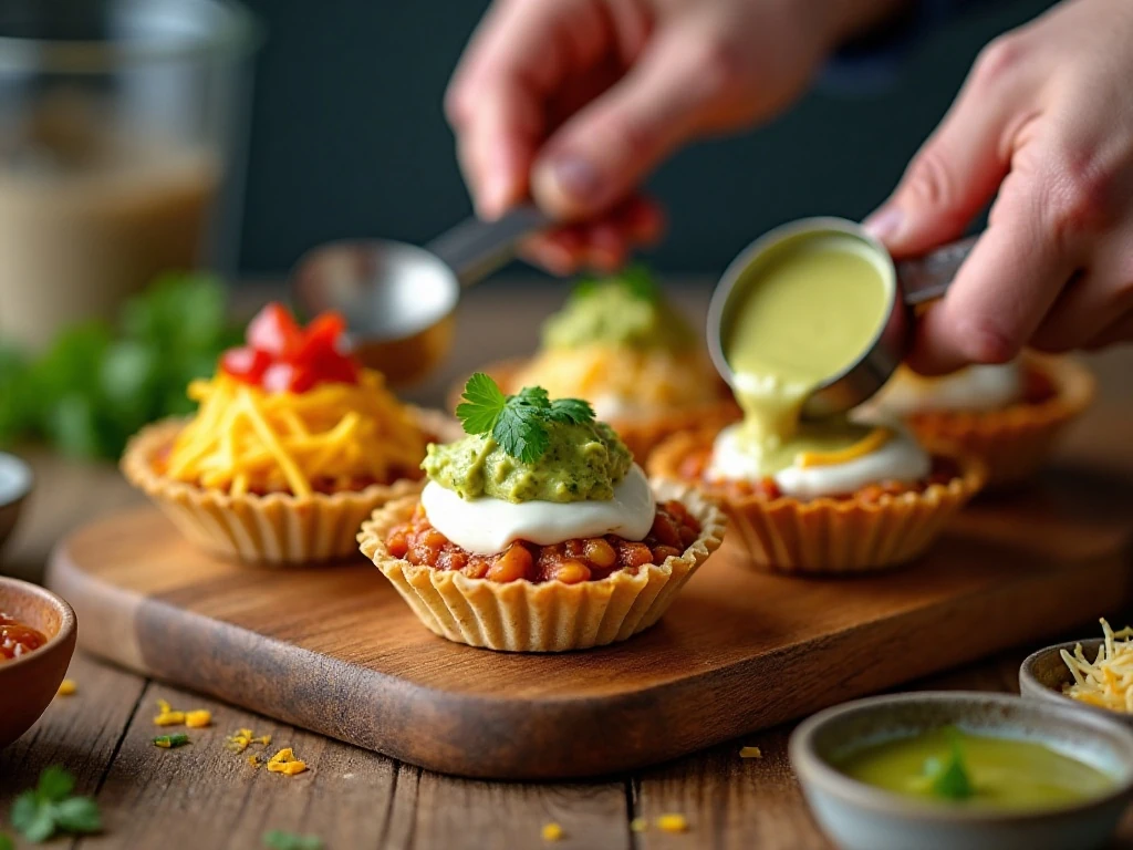 Layering refried beans, guacamole, salsa, and cheese in dip cups