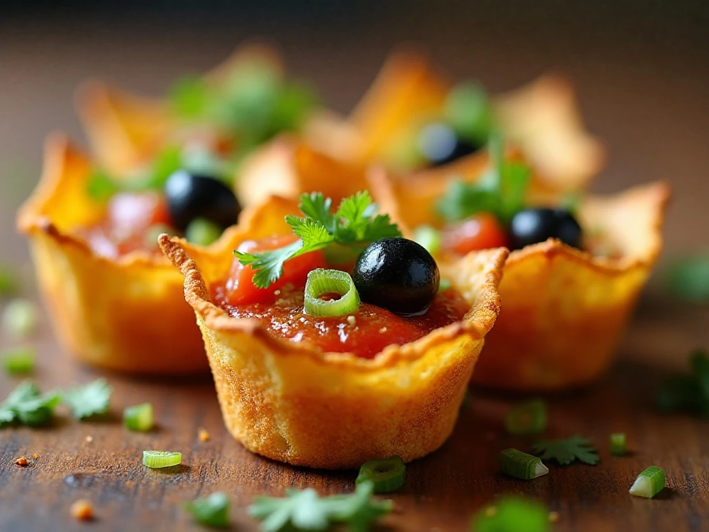 Crisp dip cup shell with fresh toppings and garnishes