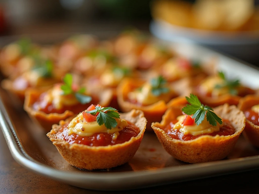 Individual seven-layer dip cups arranged on a serving platter
