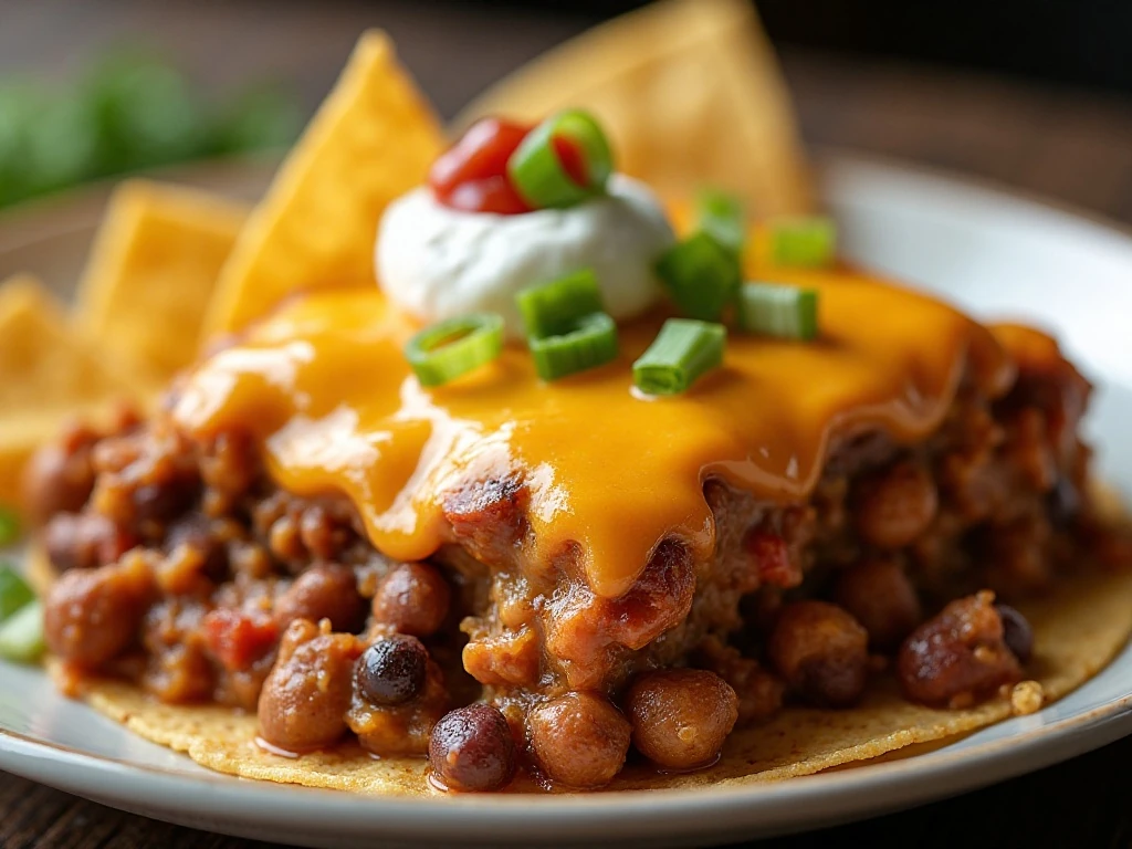 Close-up of layered casserole texture with chips and toppings