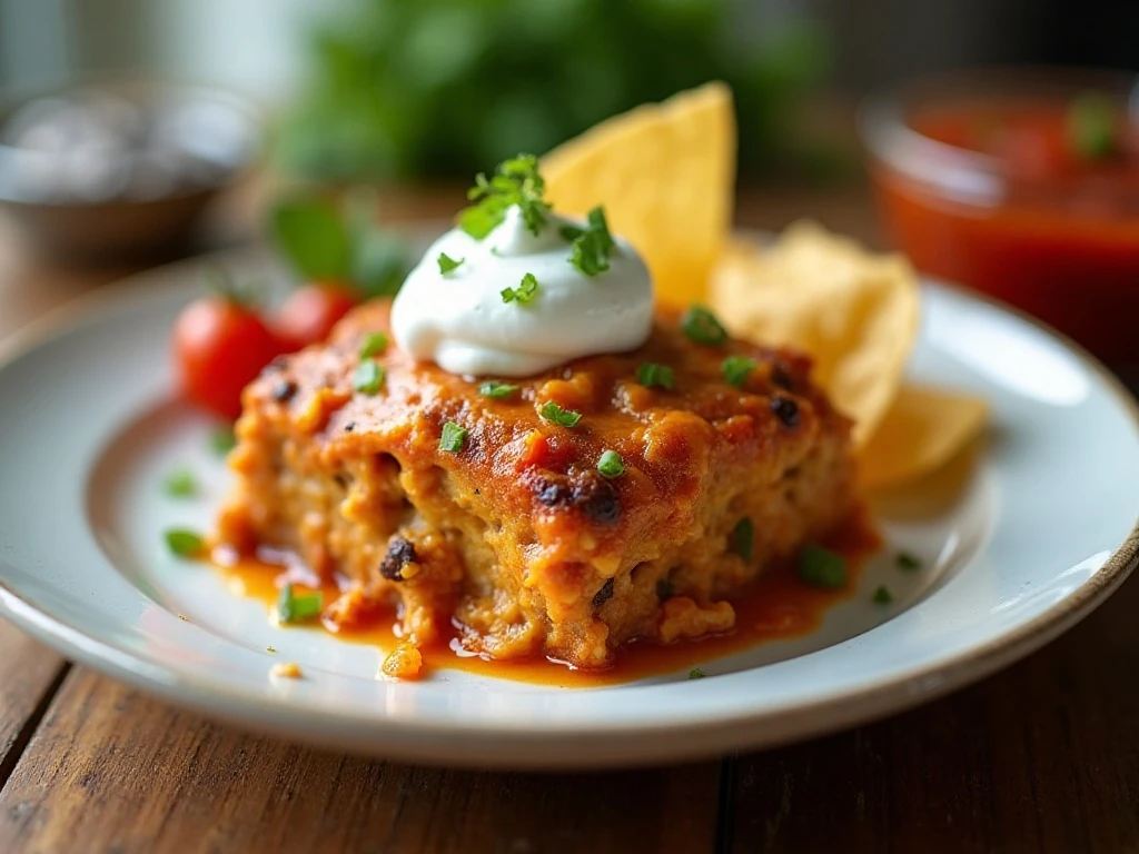 Reheated Mexican casserole served with fresh tortilla chips