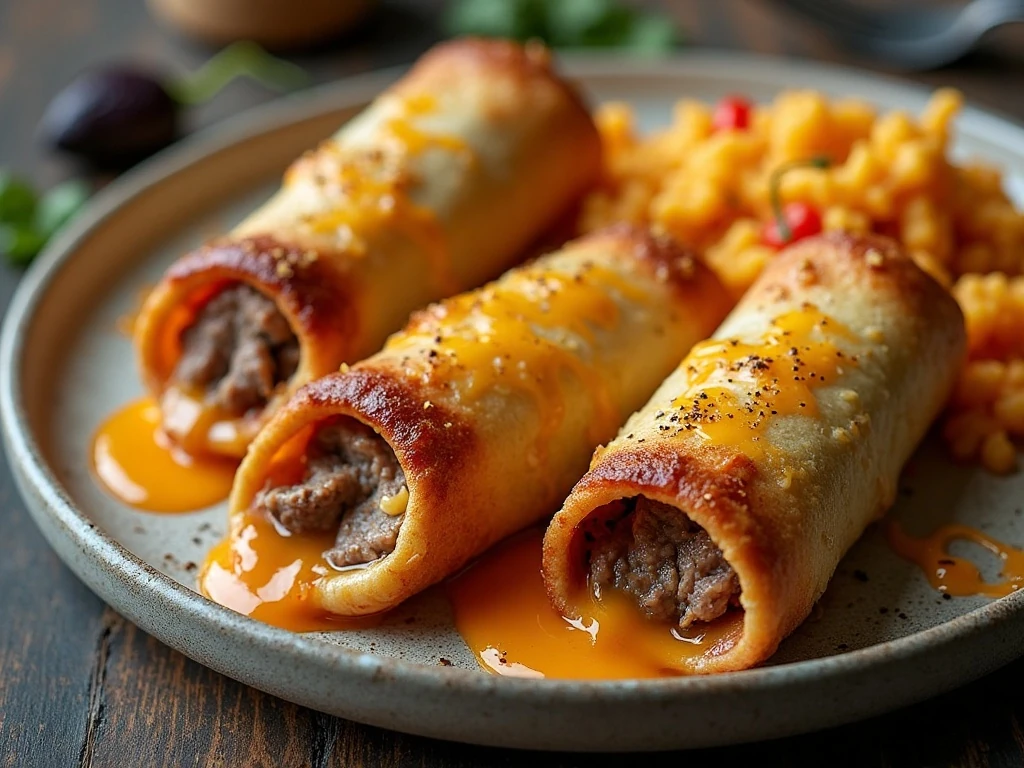 Cheesy steak roll-ups served with Mexican cauliflower rice