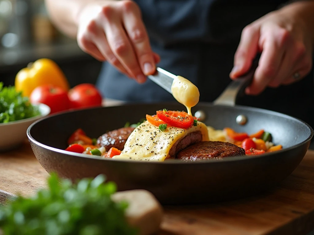 Assembling steak roll-ups with cheese, peppers, and onions