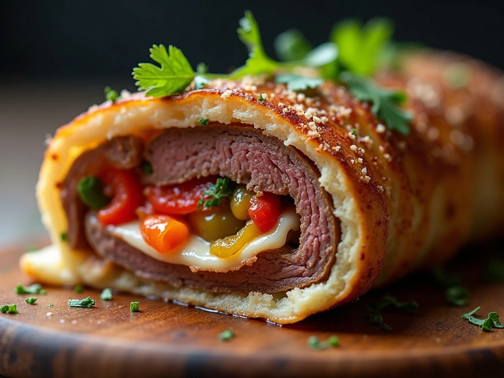 Sliced steak roll-up showing melted cheese and pepper filling