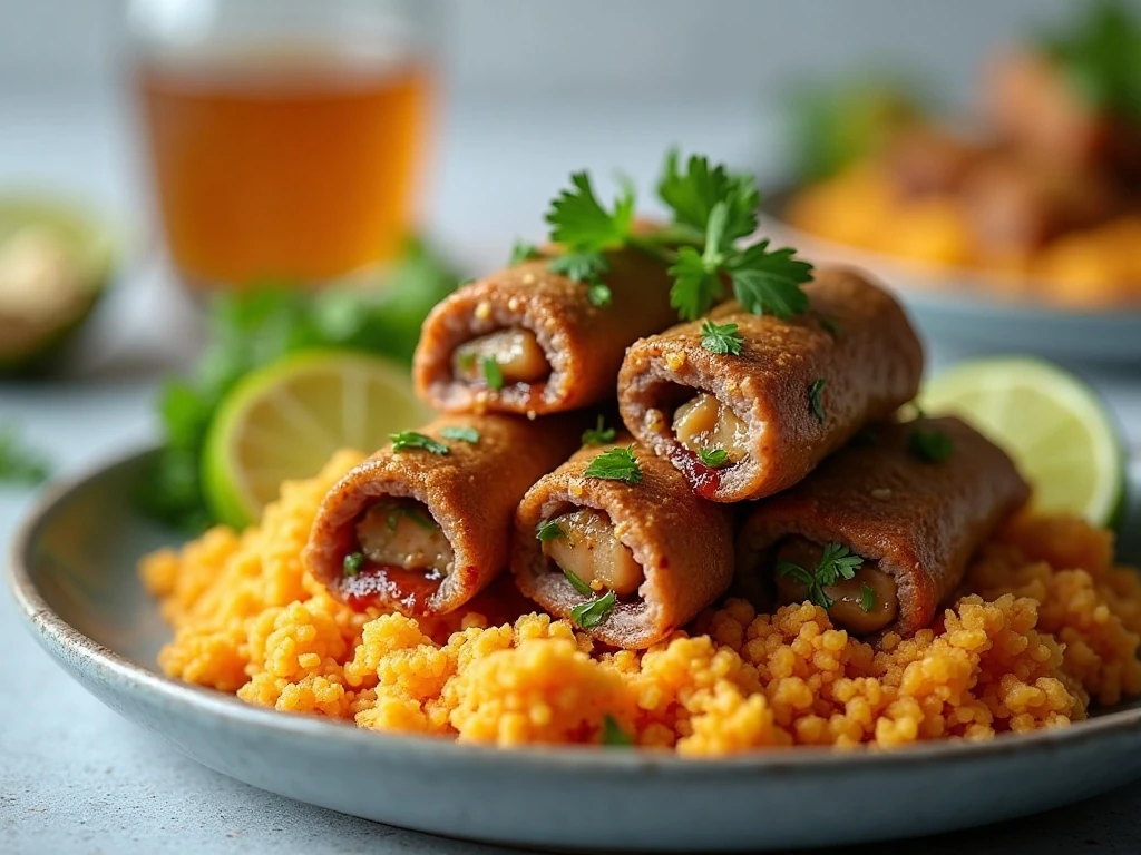 Reheated steak roll-ups with Mexican cauliflower rice