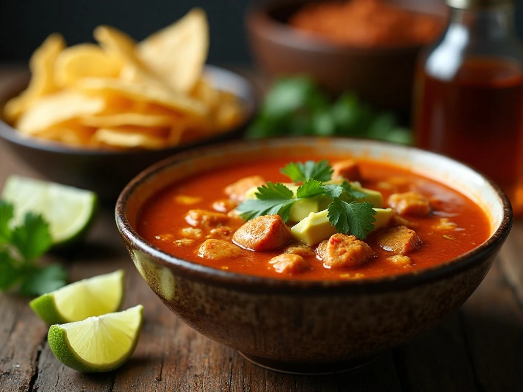 Finished bowl of zesty Mexican chicken tortilla soup with toppings