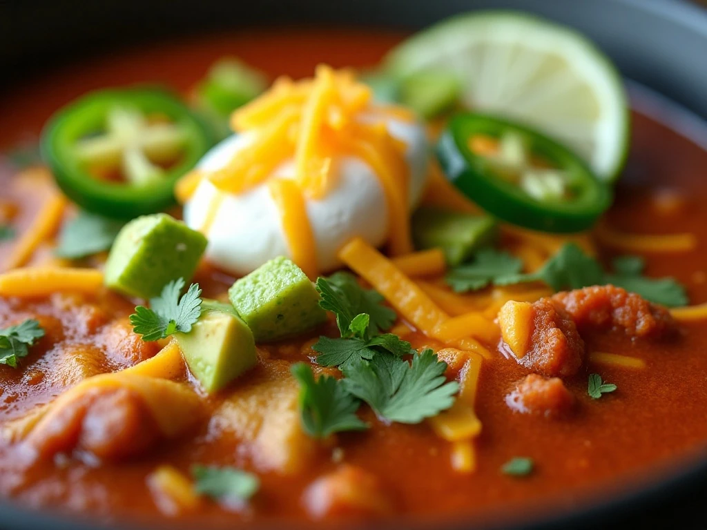 Tortilla soup topped with avocado, cheese, cilantro, lime, and tortilla strips