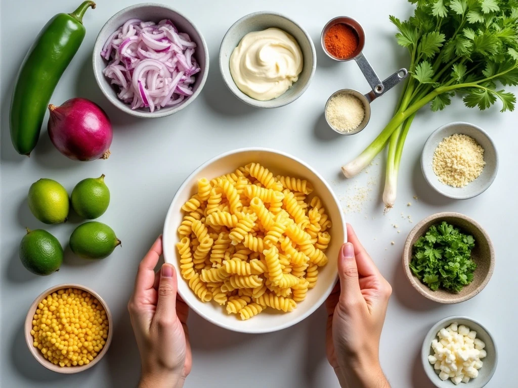 Ingredients for Mexican corn pasta salad arranged on a countertop