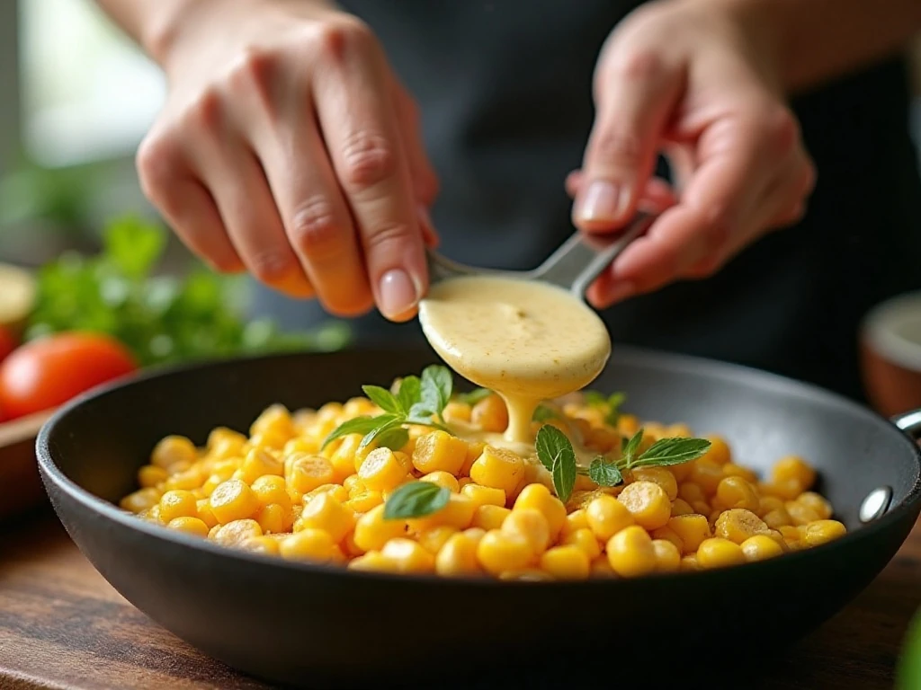 Corn charring in a skillet for Mexican corn pasta salad