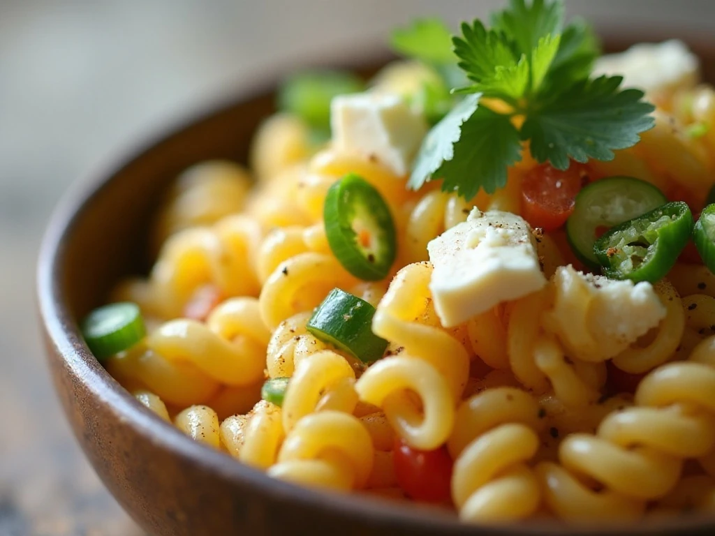 Garnished Mexican corn pasta salad ready to serve