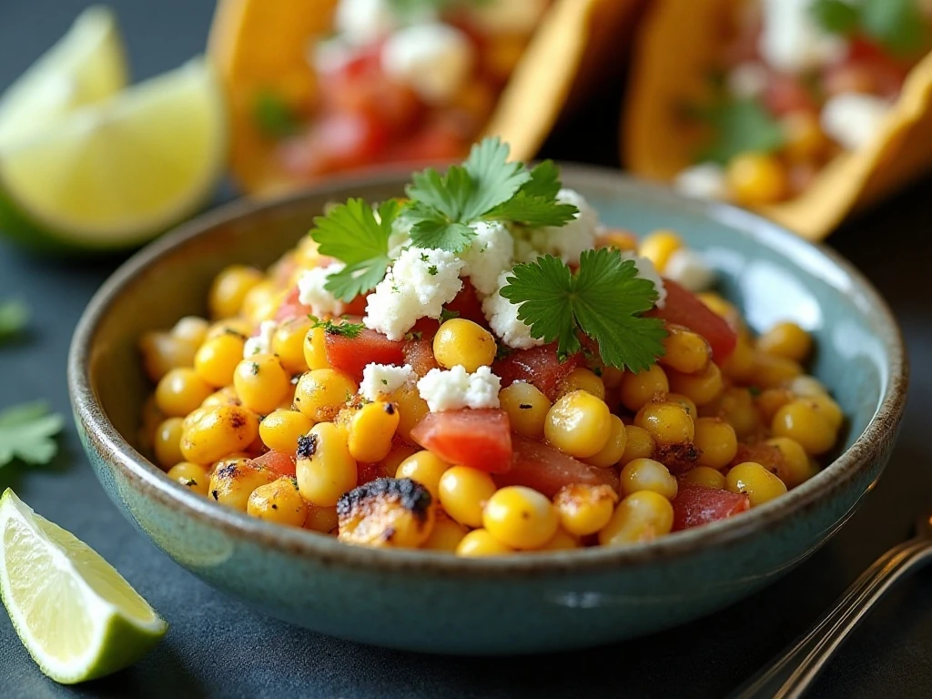 Creamy Mexican corn salad served beside tacos with lime wedges