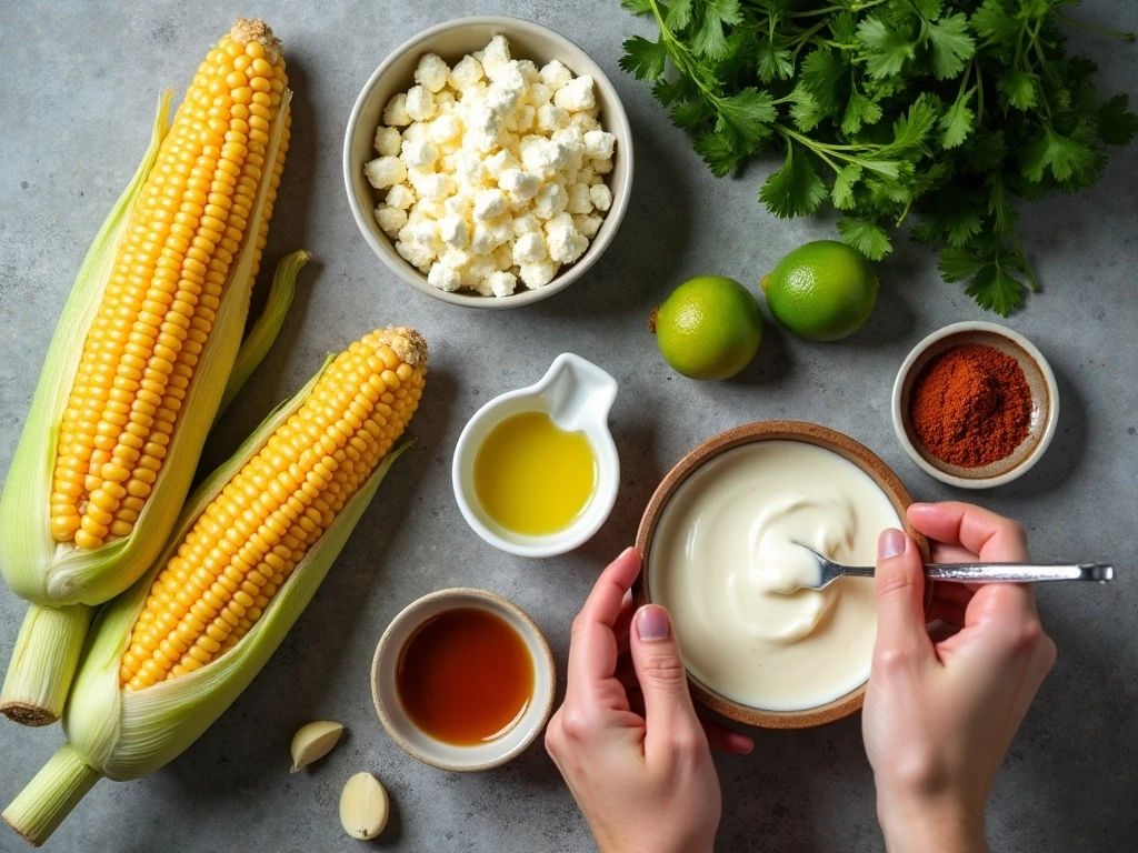 Ingredients for Mexican corn salad arranged on a kitchen counter