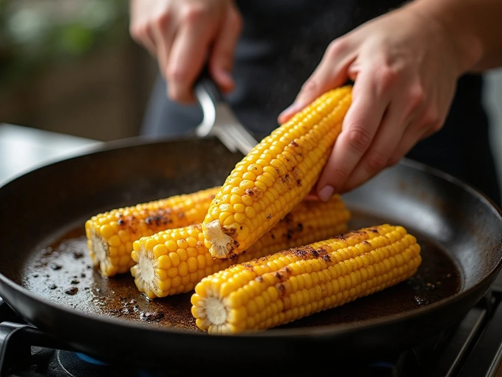 Corn browning on a grill pan for Mexican corn salad