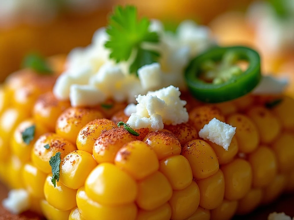 Cotija, cilantro, jalapeño, and chile garnish on corn salad