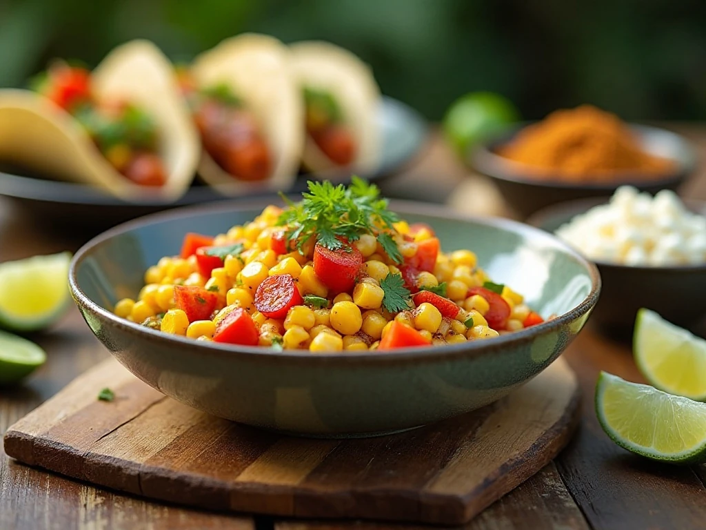 Mexican corn salad served as a colorful barbecue side dish