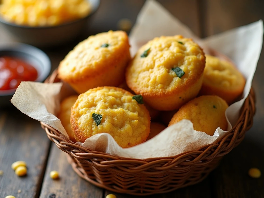 Golden Mexican cornbread mini muffins served in a basket for breakfast
