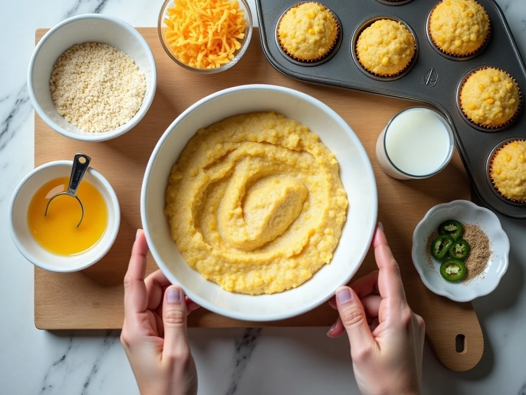 Ingredients for Mexican cornbread mini muffins arranged with a mini muffin pan