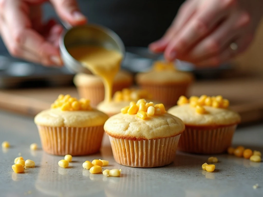 Cornbread batter being portioned into a mini muffin pan