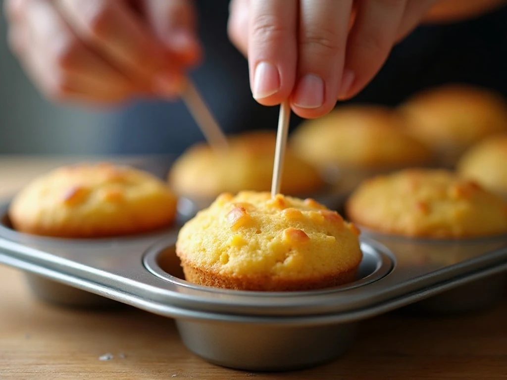Toothpick testing the doneness of a Mexican cornbread mini muffin