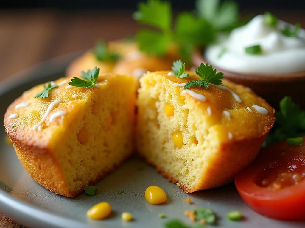 Close-up of a tender cheesy Mexican cornbread mini muffin with jalapeño