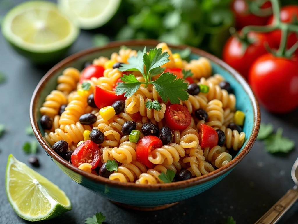 Colorful zesty Mexican pasta salad in a serving bowl