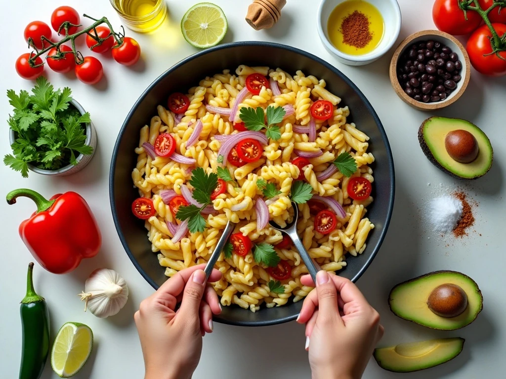 Ingredients for Mexican pasta salad and lime-chili dressing