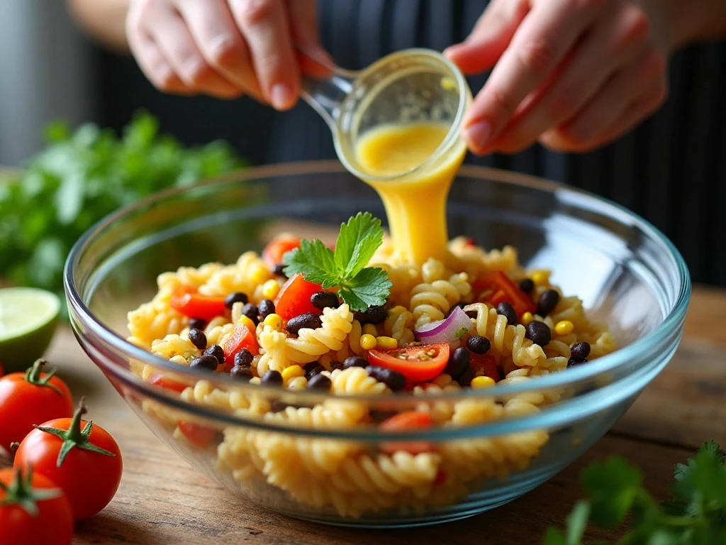 Tossing pasta salad ingredients with lime-chili dressing
