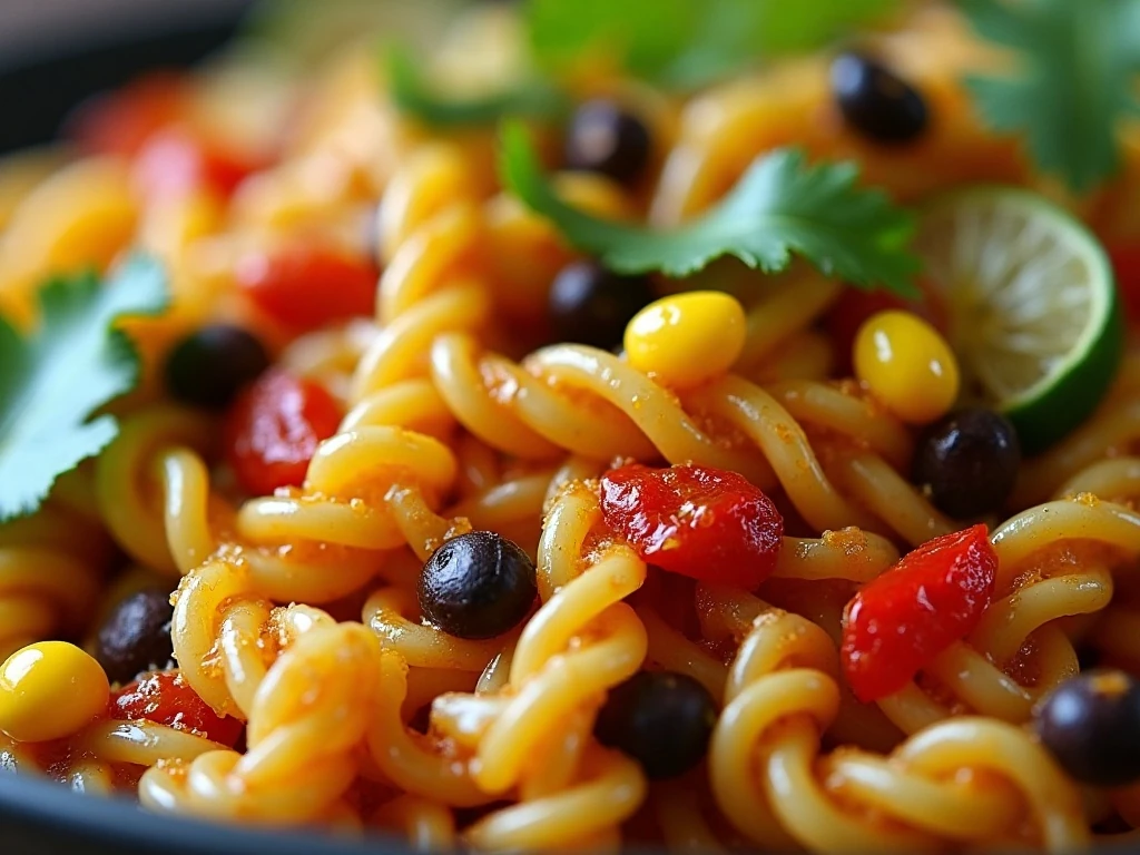 Close-up of crisp ingredients and dressed rotini pasta