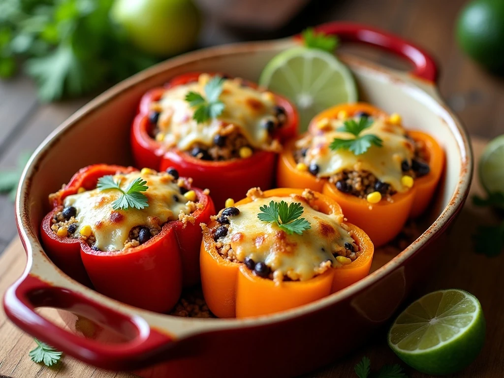 Mexican quinoa-stuffed peppers with black beans, corn, tomatoes, cheese, cilantro, and lime