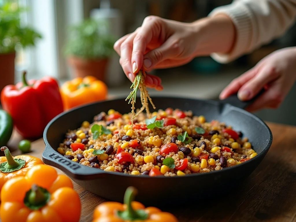 Quinoa and black bean filling prepared for stuffed bell peppers