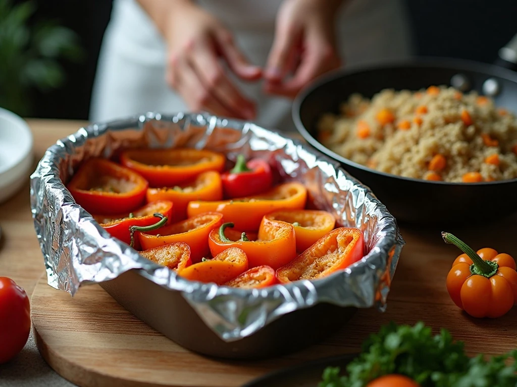 Prepared bell pepper halves and seasoned quinoa filling before baking