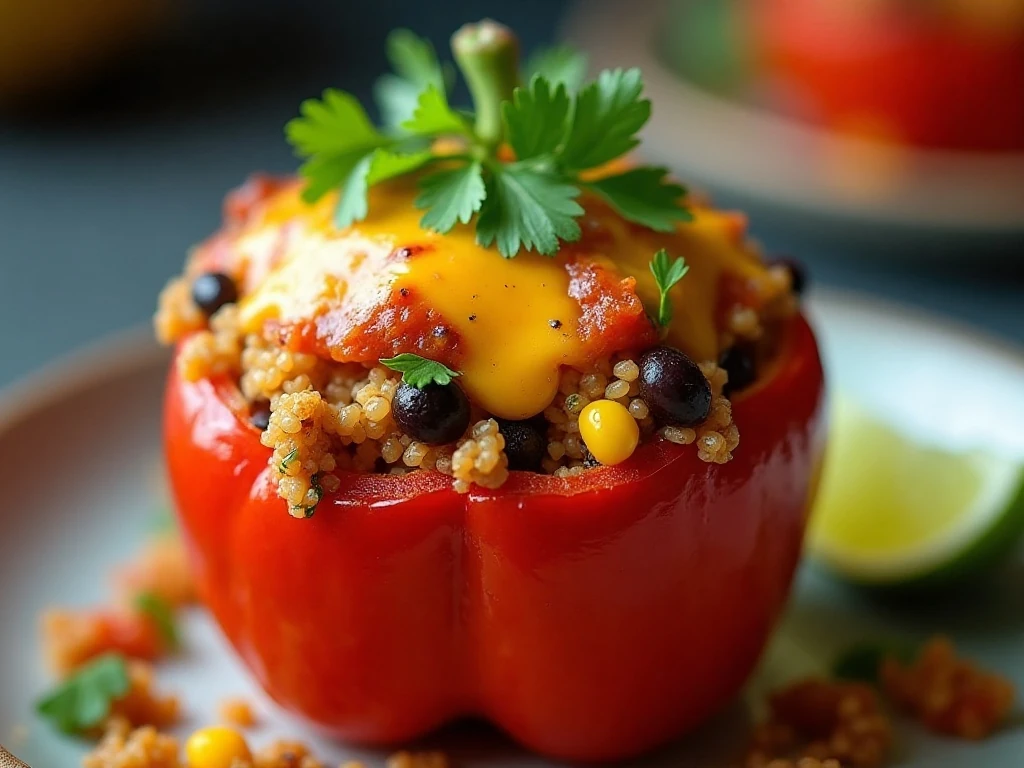 Close-up of a garnished quinoa-stuffed pepper with melted cheese and lime