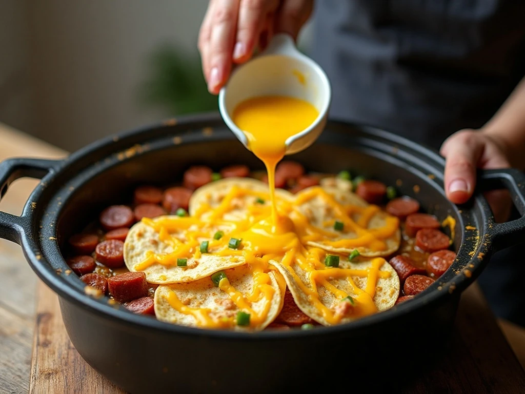 Layering tortillas, sausage, green chiles, and cheese in a slow cooker