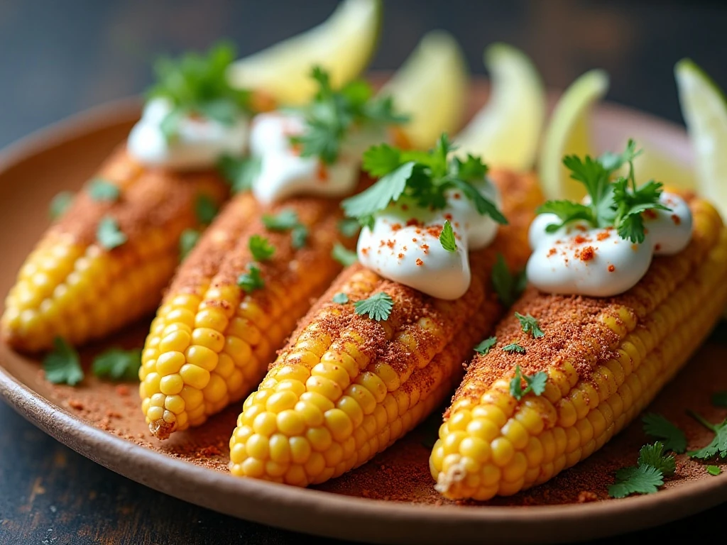 Four grilled Mexican street corn elotes topped with Cotija cheese, chili powder, cilantro, and lime