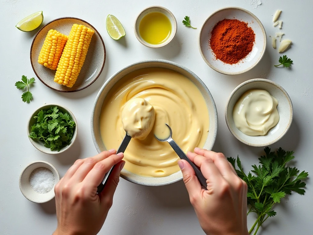 Ingredients for Mexican street corn including fresh corn, crema, Cotija cheese, lime, chili powder, and cilantro