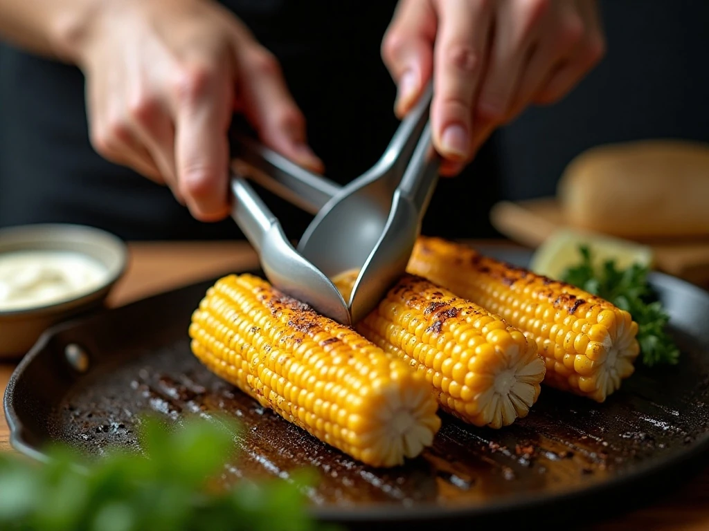 Corn grilling on a hot grill pan for Mexican street corn
