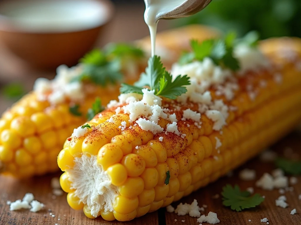 Mexican street corn coated with creamy sauce, Cotija cheese, chili powder, and cilantro