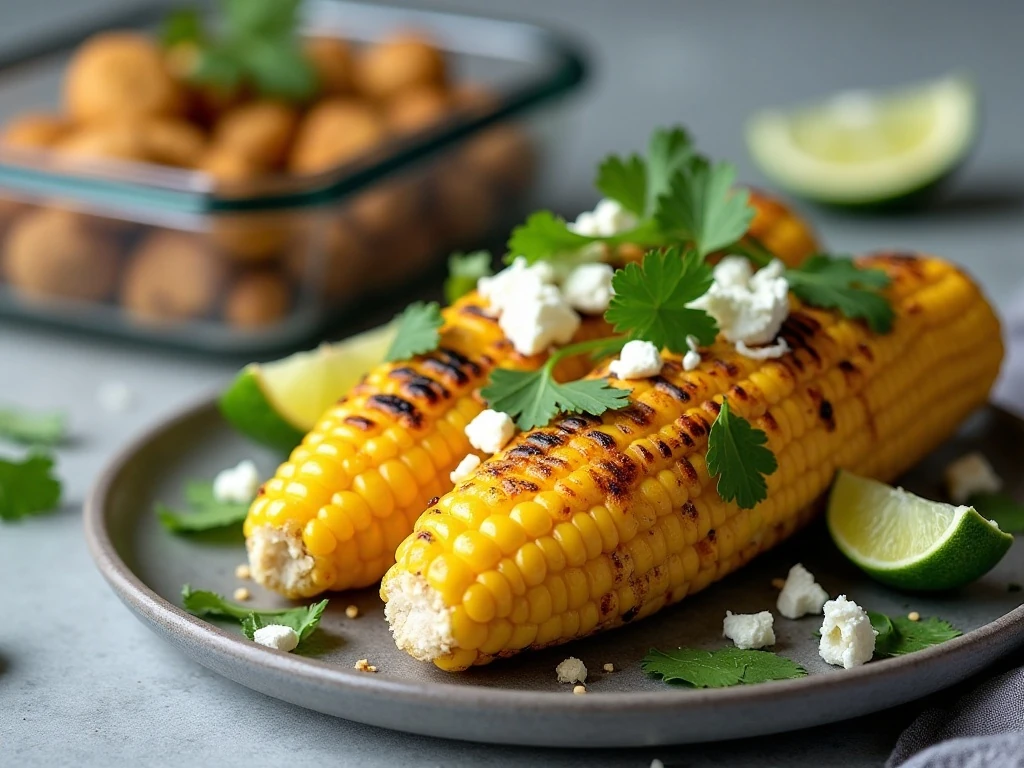 Stored and refreshed Mexican street corn with Cotija cheese, cilantro, and lime