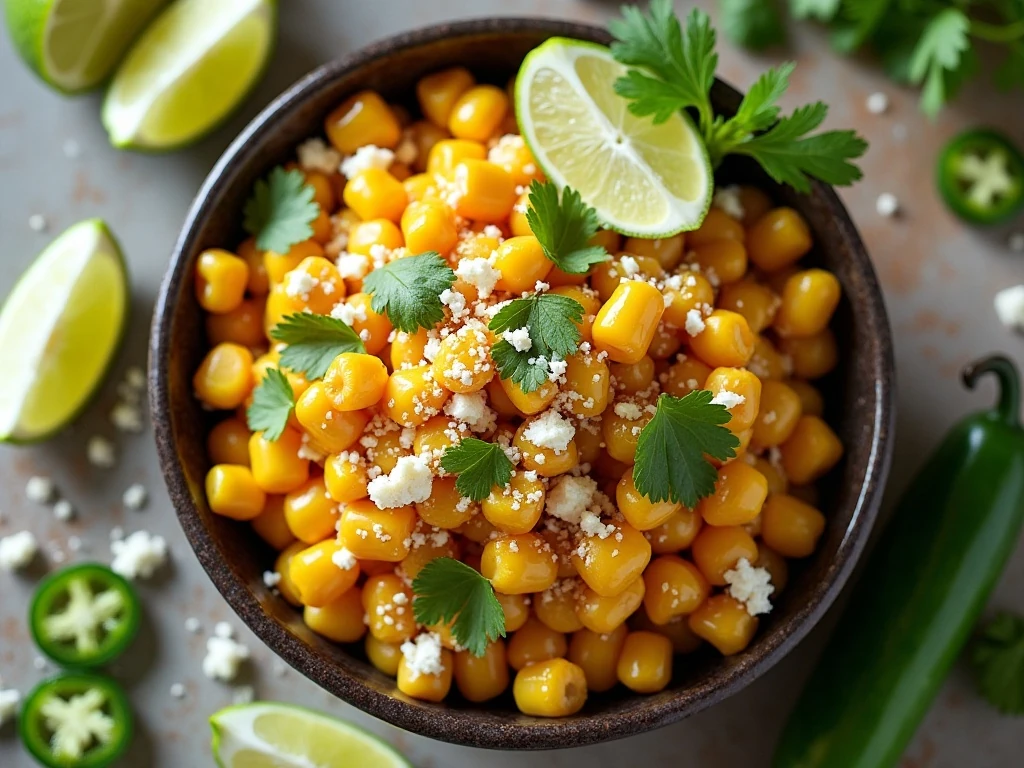 Bowl of creamy Mexican street corn salad with charred corn, cotija, cilantro, and lime