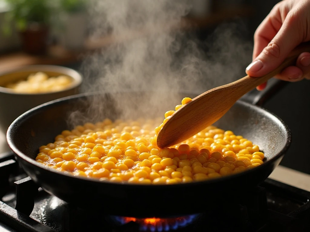 Corn kernels charring in a skillet for Mexican street corn salad