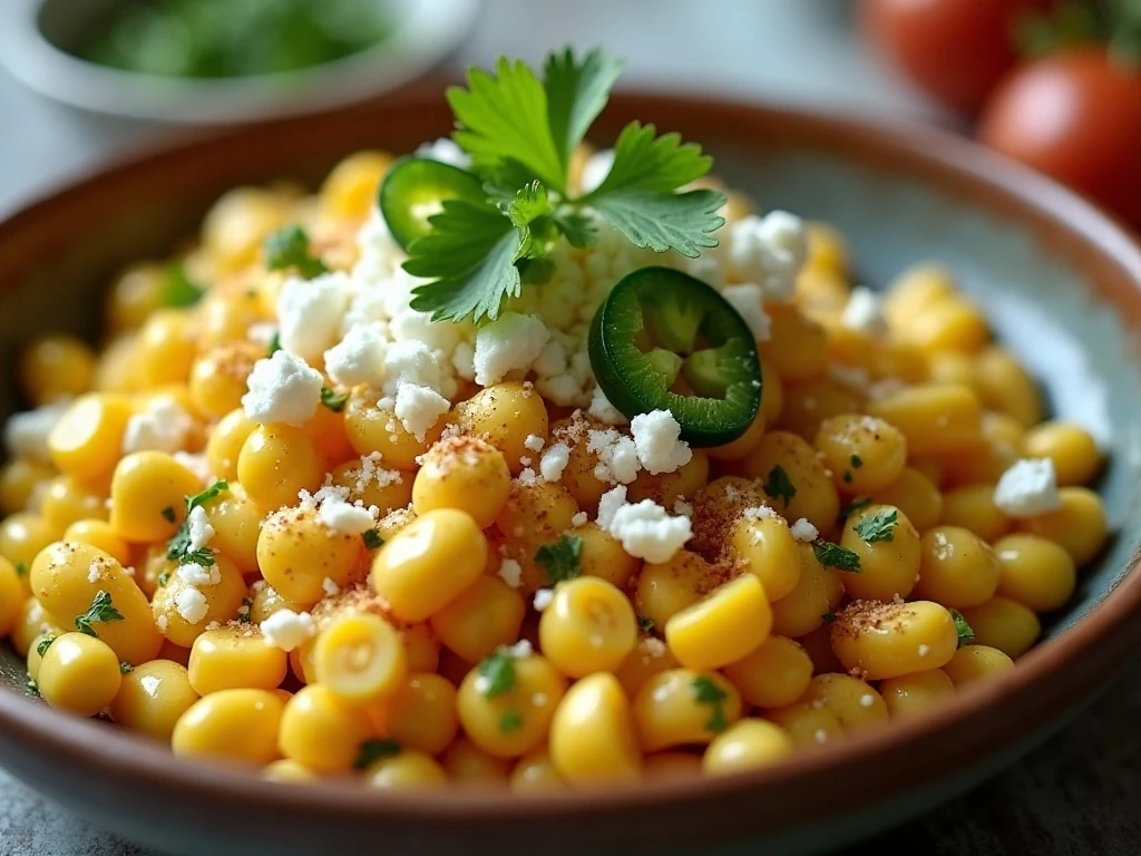 Cotija cheese, cilantro, jalapeño, and chili seasoning on street corn salad