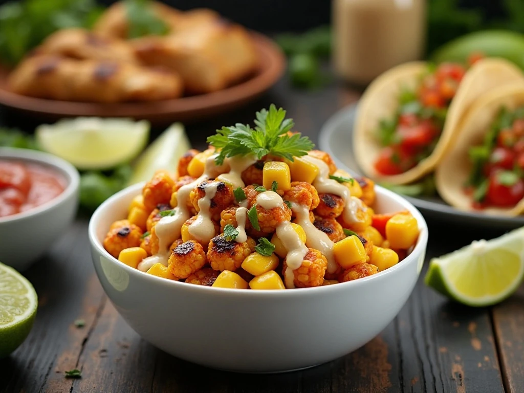 Mexican street corn salad served with tacos and fresh lime