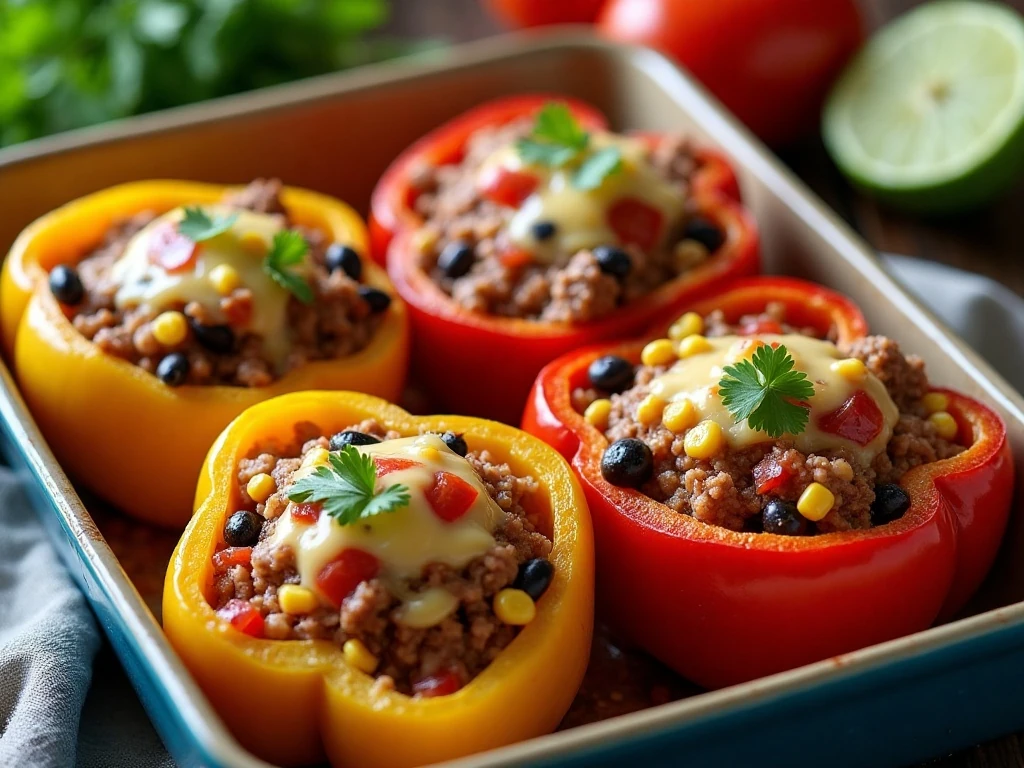 Colorful Mexican-style stuffed peppers filled with beef, rice, beans, corn, and melted cheese